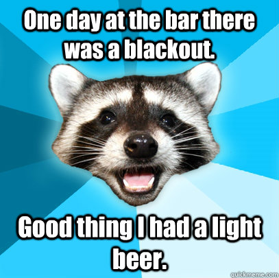 One day at the bar there was a blackout.  Good thing I had a light beer.  Lame Pun Coon