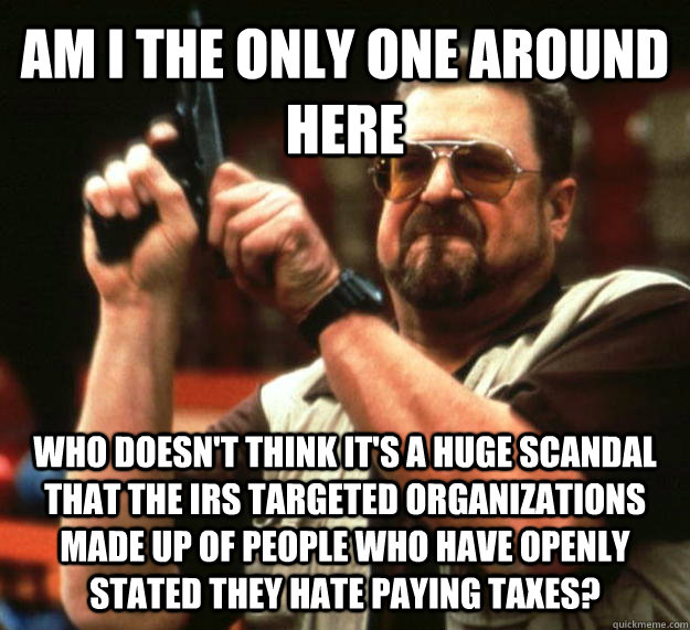 AM I THE ONLY ONE AROUND HERE who doesn't think it's a huge scandal that the irs targeted organizations made up of people who have openly stated they hate paying taxes?  Angry Walter