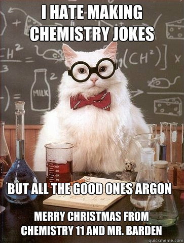 I hate Making Chemistry Jokes  But all the good ones argon Merry Christmas from Chemistry 11 and Mr. Barden  Chemistry Cat