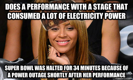 Does a performance with a stage that consumed a lot of electricity power  Super Bowl was halted for 34 minutes because of a power outage shortly after her performance  