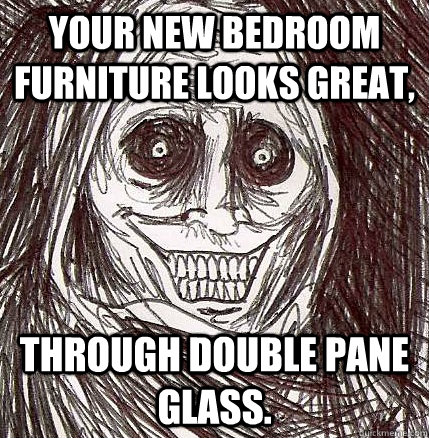 Your new bedroom furniture looks great, through double pane glass.  Horrifying Houseguest