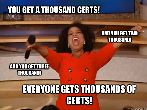 You get a thousand certs! everyone gets thousands of certs! and you get two thousand! and you get three thousand!  oprah you get a car