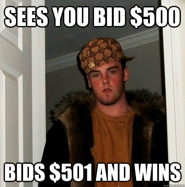 Sees you bid $500 Bids $501 and wins - Sees you bid $500 Bids $501 and wins  Scumbag Steve