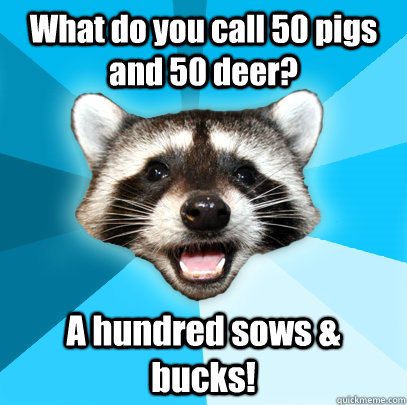 What do you call 50 pigs and 50 deer? A hundred sows & bucks!  Lame Pun Coon