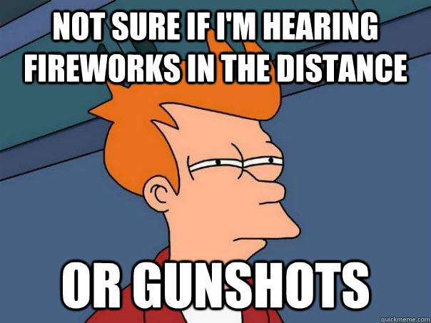 Not sure if I'm hearing fireworks in the distance Or gunshots  Futurama Fry