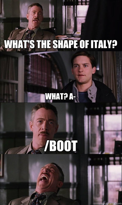 What's the shape of Italy?  what? a- /boot  - What's the shape of Italy?  what? a- /boot   JJ Jameson