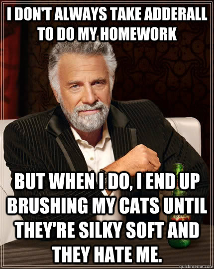 I don't always take adderall to do my homework but when I do, I end up brushing my cats until they're silky soft and they hate me.   The Most Interesting Man In The World