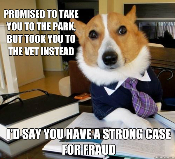 Promised to take you to the park, but took you to the vet instead I'd say you have a strong case for fraud  Lawyer Dog