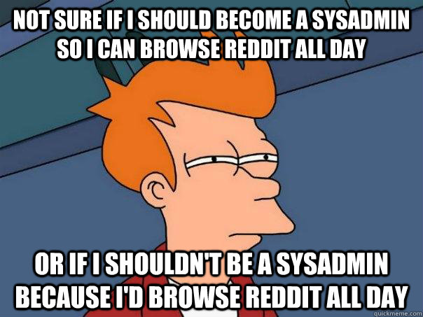 Not sure if I should become a sysadmin so I can browse reddit all day Or if I shouldn't be a sysadmin because I'd browse reddit all day - Not sure if I should become a sysadmin so I can browse reddit all day Or if I shouldn't be a sysadmin because I'd browse reddit all day  Futurama Fry