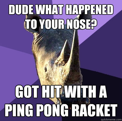 dude what happened to your nose? got hit with a ping pong racket   Sexually Oblivious Rhino