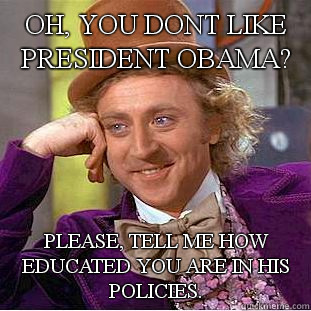 Oh, you dont like President Obama? Please, tell me how educated you are in his policies.  Condescending Wonka