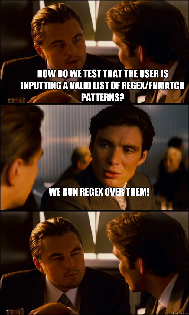 How do we test that the user is inputting a valid list of regex/fnmatch patterns? We run regex over them!   Inception