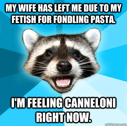 My wife has left me due to my fetish for fondling pasta. I'm feeling canneloni right now.  Lame Pun Coon