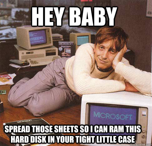 hey baby spread those sheets so i can ram this hard disk in your tight little case  Dreamy Bill Gates