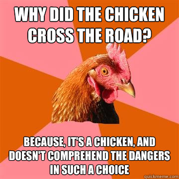 Why did the chicken cross the road? Because, it's a chicken, and doesn't comprehend the dangers in such a choice  Anti-Joke Chicken