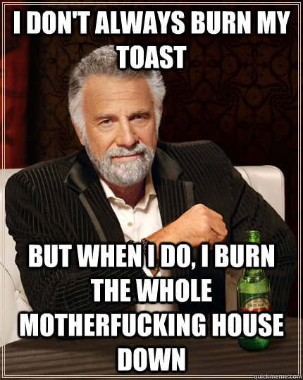 I don't always burn my toast but when I do, I burn the whole motherfucking house down  The Most Interesting Man In The World