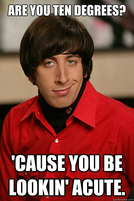 Are you ten degrees? 'Cause you be lookin' acute.  Pickup Line Scientist