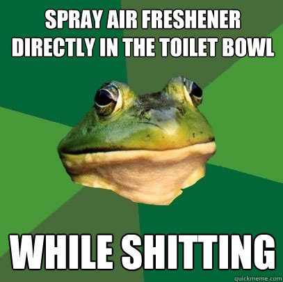 spray air freshener directly in the toilet bowl WHILE SHITTING - spray air freshener directly in the toilet bowl WHILE SHITTING  Foul Bachelor Frog