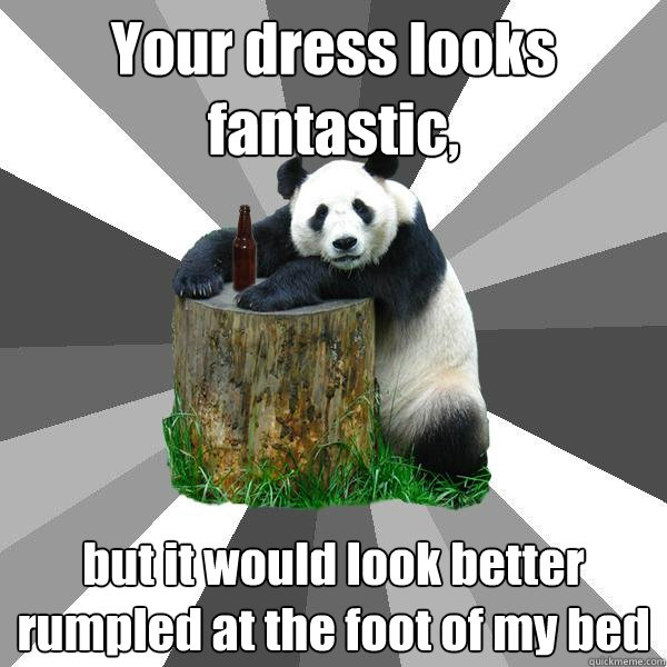 Your dress looks fantastic, but it would look better rumpled at the foot of my bed  Pickup-Line Panda