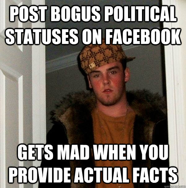 Post bogus political statuses on facebook  Gets mad when you provide actual facts  Scumbag Steve