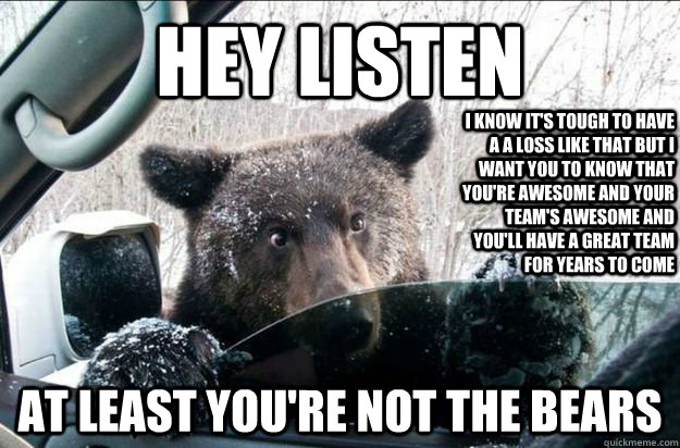 Hey Listen At least you're not the bears I know it's tough to have a a loss like that but I want you to know that you're awesome and your team's awesome and you'll have a great team for years to come  Good Bear Greg