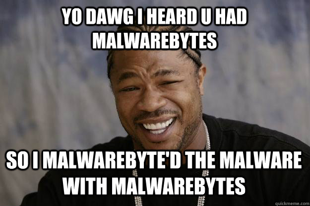 YO DAWG I HEARD U HAD MALWAREBYTES SO I MALWAREBYTE'D THE MALWARE WITH MALWAREBYTES  Xzibit meme