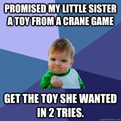 Promised my little sister a toy from a crane game get the toy she wanted in 2 tries.  Success Kid