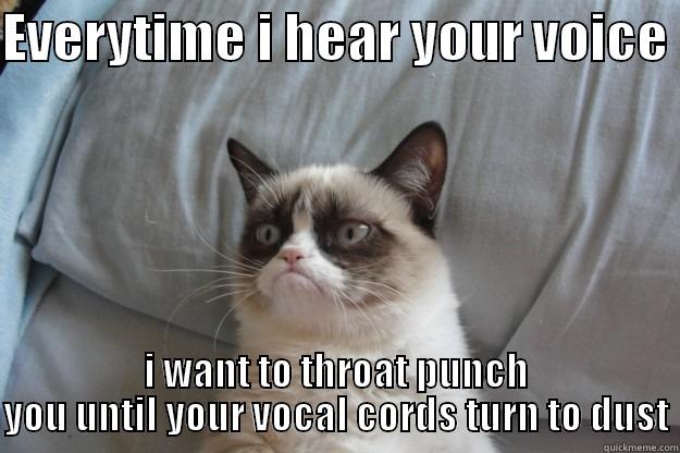 EVERYTIME I HEAR YOUR VOICE  I WANT TO THROAT PUNCH YOU UNTIL YOUR VOCAL CORDS TURN TO DUST Grumpy Cat