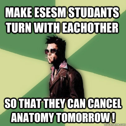 Make Esesm studants turn with eachother So that they can cancel anatomy tomorrow !  Helpful Tyler Durden