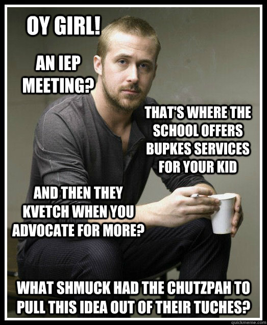 Oy Girl! An IEP meeting? That's where the school offers bupkes services for your kid And then they kvetch when you advocate for more? What shmuck had the chutzpah to pull this idea out of their tuches? - Oy Girl! An IEP meeting? That's where the school offers bupkes services for your kid And then they kvetch when you advocate for more? What shmuck had the chutzpah to pull this idea out of their tuches?  Ryan Gosling Oy Girl IEP