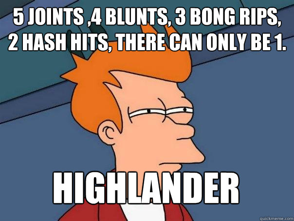 5 joints ,4 blunts, 3 bong rips, 2 hash hits, there can only be 1. HIGHLANDER  Futurama Fry