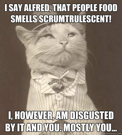 I say Alfred, that people food smells scrumtrulescent! I, However, am disgusted by it and you. Mostly you...  Aristocat