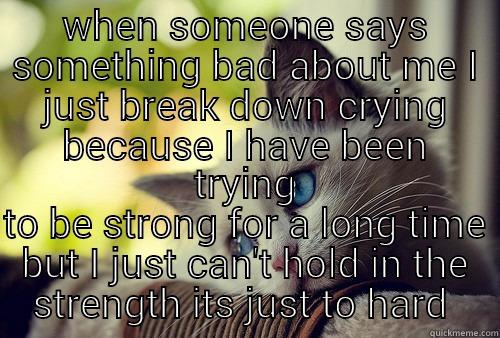 WHEN SOMEONE SAYS SOMETHING BAD ABOUT ME I JUST BREAK DOWN CRYING BECAUSE I HAVE BEEN TRYING TO BE STRONG FOR A LONG TIME BUT I JUST CAN'T HOLD IN THE STRENGTH ITS JUST TO HARD  First World Problems Cat