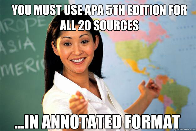 you must use apa 5th edition for all 20 sources ...in annotated format  Unhelpful High School Teacher