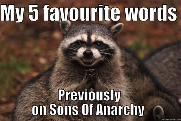 MY 5 FAVOURITE WORDS  PREVIOUSLY ON SONS OF ANARCHY  Evil Plotting Raccoon