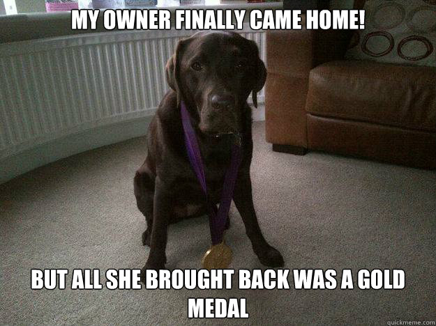 My owner finally came home! But all she brought back was a gold medal  Disappointed Dog