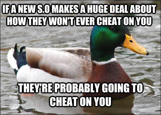 If a New S.o makes a huge deal about how they won't ever cheat on you They're probably going to cheat on you  Actual Advice Mallard