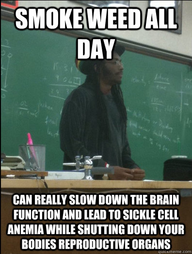 smoke weed all day can really slow down the brain function and lead to sickle cell anemia while shutting down your bodies reproductive organs   Rasta Science Teacher