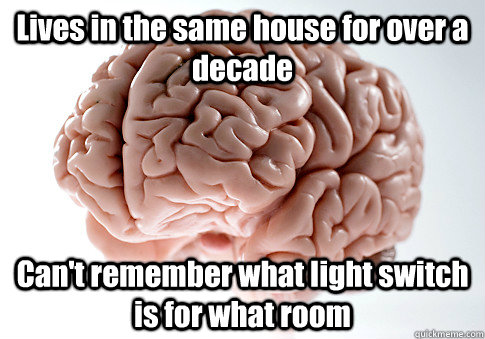 Lives in the same house for over a decade Can't remember what light switch is for what room   Scumbag Brain