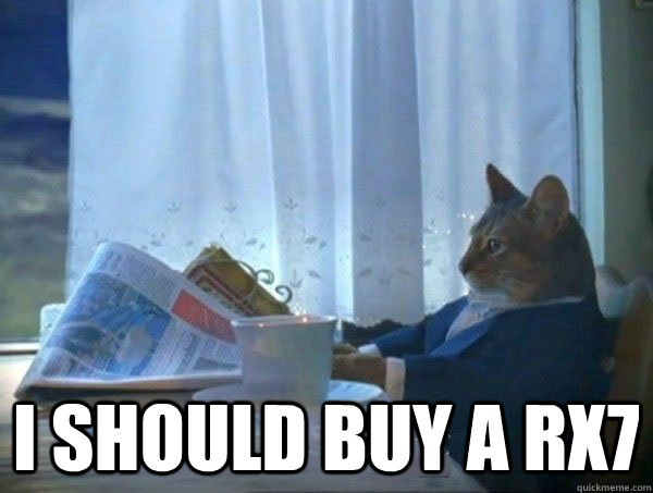  I should buy a RX7  morning realization newspaper cat meme