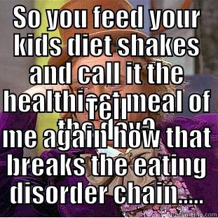 SO YOU FEED YOUR KIDS DIET SHAKES AND CALL IT THE HEALTHIEST MEAL OF THE DAY? TELL ME AGAIN HOW THAT BREAKS THE EATING DISORDER CHAIN..... Condescending Wonka