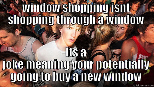 Now this expression is funny - WINDOW SHOPPING ISNT SHOPPING THROUGH A WINDOW ITS A JOKE MEANING YOUR POTENTIALLY GOING TO BUY A NEW WINDOW Sudden Clarity Clarence