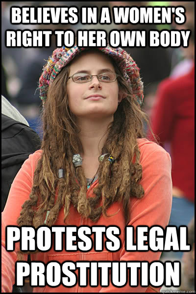 believes in a women's right to her own body protests legal prostitution  College Liberal