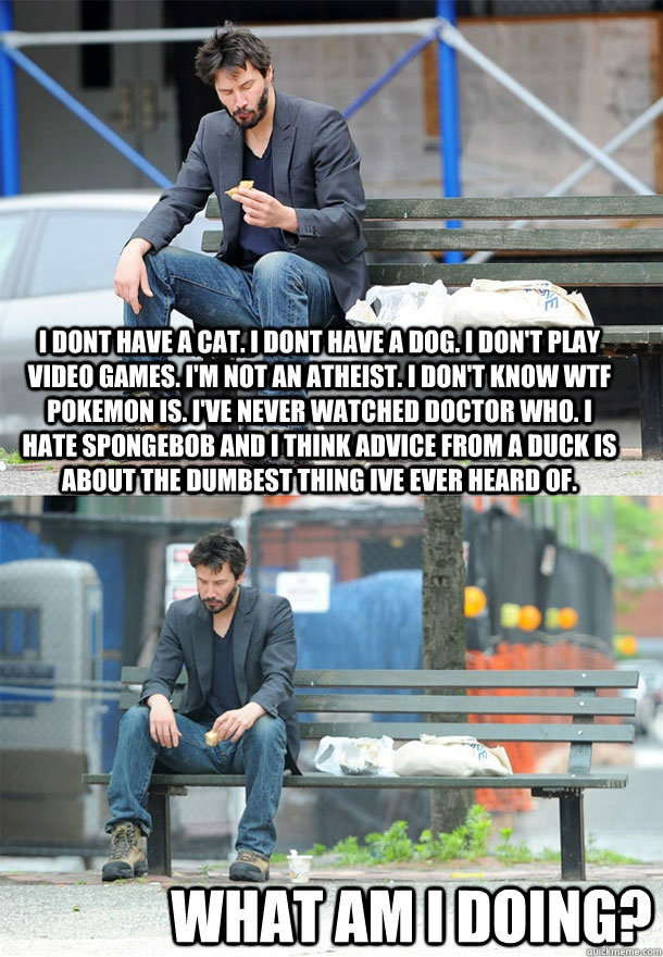 I dont have a cat. I dont have a dog. I don't play video games. I'm not an atheist. I don't know wtf pokemon is. I've never watched Doctor Who. i hate spongebob and i think advice from a duck is about the dumbest thing ive ever heard of. what am i doing?  Sad Keanu