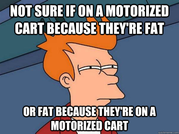 Not sure if on a motorized cart because they're fat Or fat because they're on a motorized cart  Futurama Fry