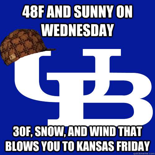 48F and sunny on Wednesday 30F, Snow, and wind that blows you to Kansas Friday  Scumbag UB