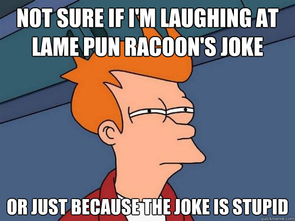 Not sure if i'm laughing at lame pun racoon's joke or just because the joke is stupid - Not sure if i'm laughing at lame pun racoon's joke or just because the joke is stupid  Futurama Fry