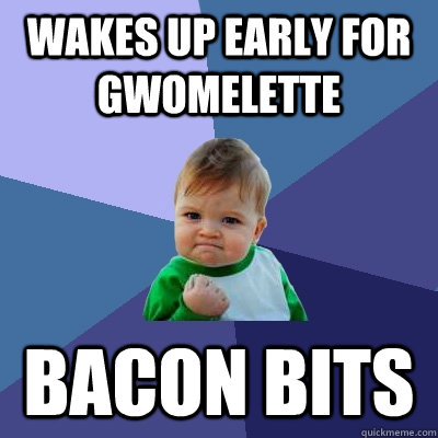 Wakes up early for gwomelette Bacon bits  Success Kid