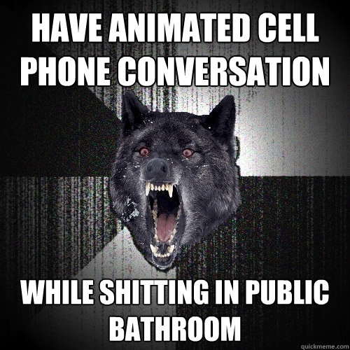 Have animated cell phone conversation while shitting in public bathroom  Insanity Wolf