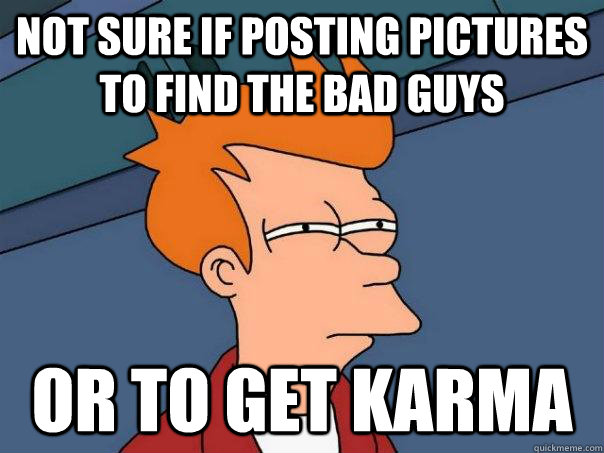 Not sure if posting pictures to find the bad guys Or to get karma - Not sure if posting pictures to find the bad guys Or to get karma  Futurama Fry